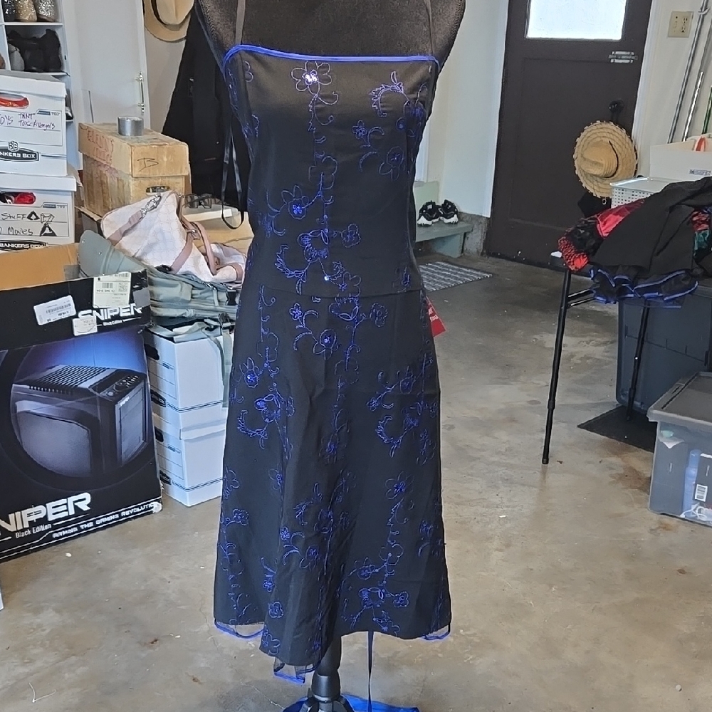 Steppin' Out Black A-Line Dress with Blue Floral Accents and Lace hemline